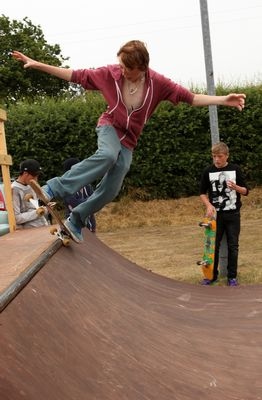 Skateboarders at Bodham, North Norfolk, UK